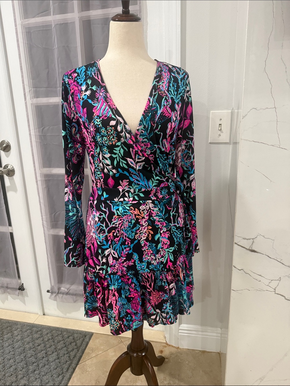 Lilly Pulitzer Floral Wrap-Style V-Neck Dress in Black with Pink & Teal